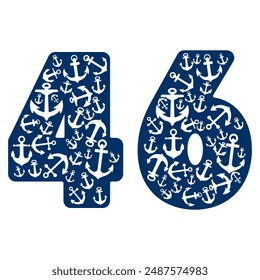 Number Forty Six With Anchor Pattern. Number 46 Isolated On A White Background
