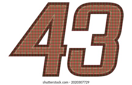 Number Forty Three With Plaid Pattern Vector Illustration. Colorful Textile Number 43 Isolated On A White Background
