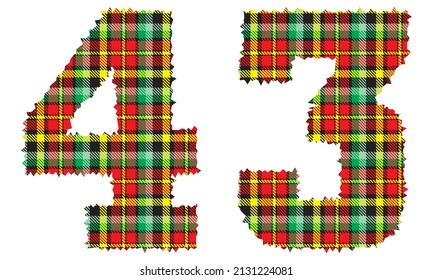 Number Forty Three With Textile Texture. Number 43 With Plaid Pattern Isolated On A White Background

