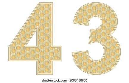 Number Forty Three Vector Illustration. Number 43 With Random Size Hexagonal Honeycomb Pattern Isolated On A White Background
