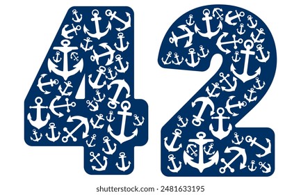 Number Forty Two With Anchor Pattern. Number 42 Isolated On A White Background

