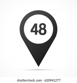 Number Forty-eight, 48 on map pin. Location pointer isolated on a white background.
Conceptual vector illustration.