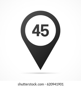 Number Forty-five, 45 on map pin. Location pointer isolated on a white background.
Conceptual vector illustration.