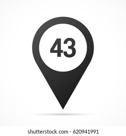 Number Forty-three, 43 on map pin. Location pointer isolated on a white background.
Conceptual vector illustration.