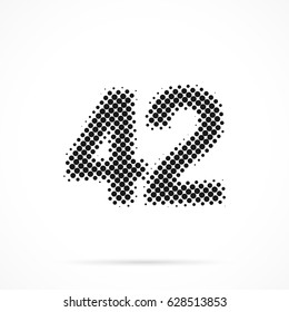 Number Forty-two, 42 in halftone. Dotted illustration isolated on a white background. Vector illustration.