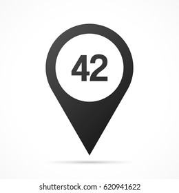 Number Forty-two, 42 on map pin. Location pointer isolated on a white background.
Conceptual vector illustration.