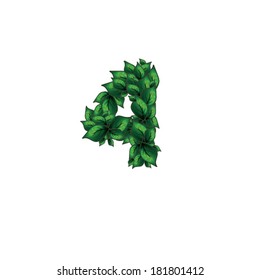 Number four (4), alphabet of green leaves on white background