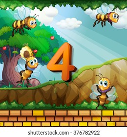Number four with 4 bees flying in garden illustration