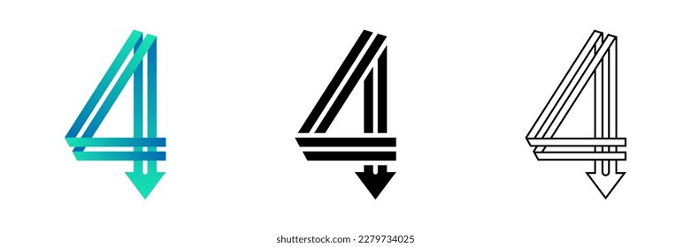 Number Four (4) Double Folded Ribbon End Arrowhead Design Gradient, Black, Line Art Logo Icon Isolated on White Background