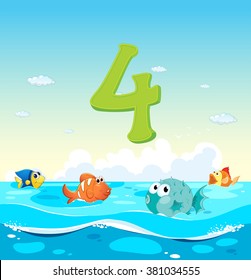 Number four with 4 fish in the ocean illustration