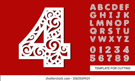 Number Four - 4. Full English Alphabet And Digits 0, 1, 2, 3, 4, 5, 6, 7, 8, 9. Lace Letters And Numbers. Template For Laser Cutting, Wood Carving, Paper Cut And Printing. Vector Illustration.