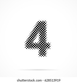 Number Four, 4 in halftone. Dotted illustration isolated on a white background. Vector illustration.