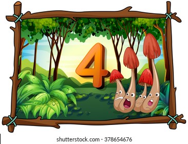 Number four with 4 mushrooms in the forest illustration