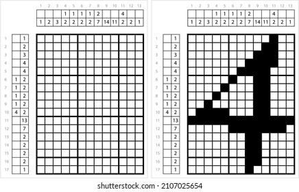 Number Four 4 Nonogram Pixel Art, Mathematical, Numeral, Numeric, Word, Symbol Vector Art Illustration, Logic Puzzle Game Griddlers, Pic-A-Pix, Picture Paint By Numbers, Picross