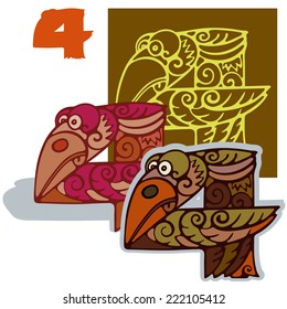 Number four, 4. Numbering, figures in the form of fantastic animals. Vector illustration.