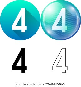 Number Four (4) Symbol Icon Set of Circular Round Long Shadow, Bubble, Black-White Silhouette, Line Art Isolated on White Background