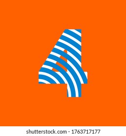 number four (4) white and blue curved lines texture on orange background for party, editable vector