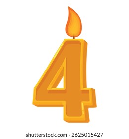 Number four birthday candle burning with bright flame for cake decoration