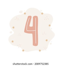 Number four in boho style. Cute doodle element for birthday card template. Scandinavian vector illustration.