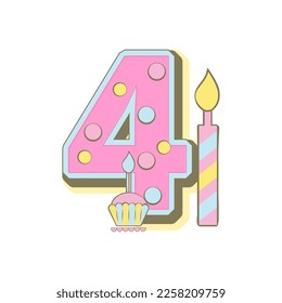  Number four with candle, cake, baby month cards. Monthly milestone. Birthday Party Invitation Card Template