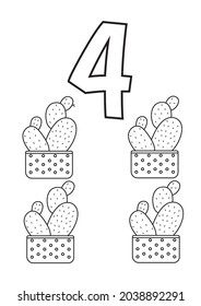 número cuatro coloreado cactus ilustración preescolar imprimible