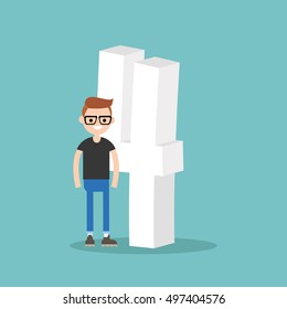 Number four concept: young smiling nerd standing near the number Four. Step four. Fourth point. Fourth place. Flat editable vector illustration