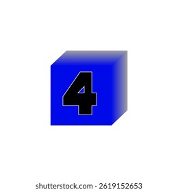 Number four cube. Blue 3d box. Black digit shape. Vector numeric symbol.