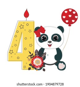 Number four and a cute cartoon panda girl. Perfect for greeting cards, party invitations, posters, stickers, pin, scrapbooking, icons. Birthday concept