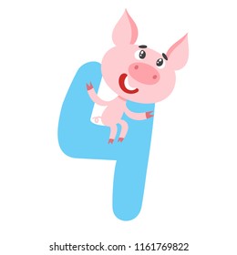 Number four with cute cartoon pig for kids isolated on white. Learn to count concept illustration and birthday anniversary number used for poster, book, greeting card.