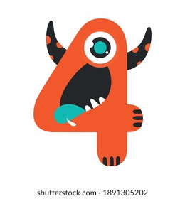 Number Four Cute Monster, Funny Fantasy Alien Character, Mathematics Symbol, Learning Material for Kids Cartoon Style Vector Illustration