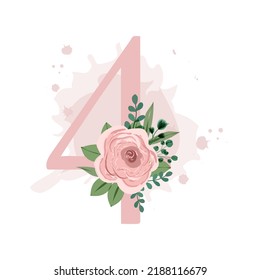 Number four decorated with pink rose, leaves and watercolor splash isolated on white background. Vector illustration for birthday, wedding invitation, wedding table numbers and much more.