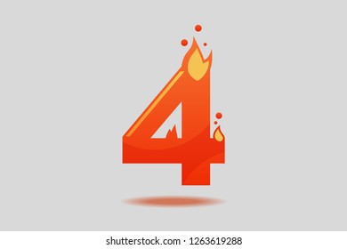 Number four, decorated with red flames and sparks. Flat Vector Illustration