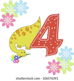 Number four with a dinosaur and flowers