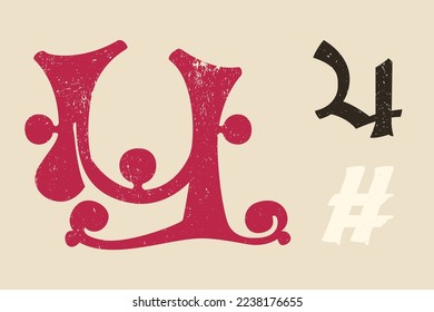 Number four drop cap logo. Illuminated initial in old blackletter German style. All you need to precisely imitate medieval text. Decorative element for the beginning of a paragraph or section.