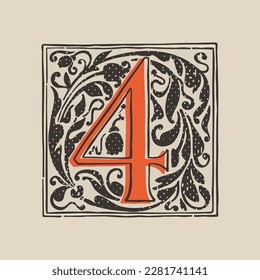 Number four drop cap logo in medieval engraving style. Blackletter square initial. Illuminated dark-age emblem with lush foliage and tulips. Perfect for vintage identity, gothic, luxury packaging.