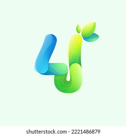 Number four eco logo with gradient lines with green leaf. Environment friendly icon made of overlapping parts. Perfect for agriculture art, waste recycling app design, healthy food packaging.