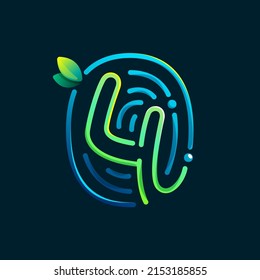 Number four eco logo made of fingerprint. Gradients icon with green leaves and dew drops. Perfect for online payment art, biometric design, agriculture advertising, pure food packaging.