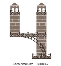 The number four with elements of the stone lighthouse and the seafront. On top there is a fence with chains.