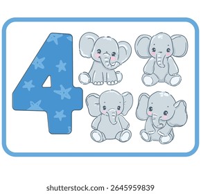 Number Four with Elephants Hand Drawn Jungle Animals Flashcard for Preschool Learning Vector 4