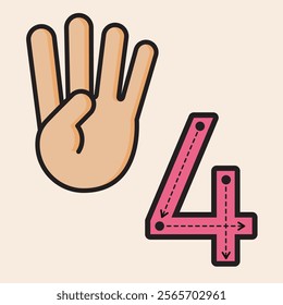 Number Four. Finger counting designed to help PreK and Kindergarten students learn and practice numbers. Vector fully editable line art design.