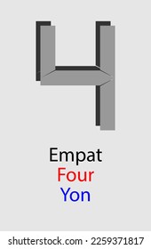 Number four formed from five trapezoids.
The name of object number is written in three languages, namely Indonesian, English, and Japanese.