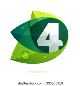 Number four with green leaves and dew drops. Vector design template elements for your application or corporate identity.