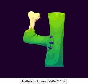 Number four Halloween font, cartoon evil type, funny scary typeface, spooky alphabet. Number 4 numeral symbol as green zombie with a seam and sticking b. Isolated vector abc typography digit sign