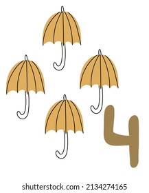 Number four. Hand drawn cute card with umbrellas and number four. Card for teaching children to count. Vector illustration for children.