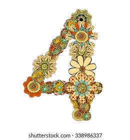 number four of hand drawn flowers. Floral numerals. Vector illustration, isolated on white