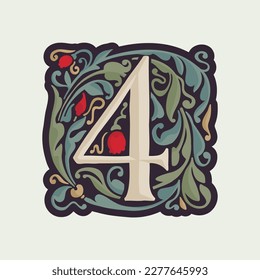 Number four illuminated initial with curve leaf ornament and tulips. Medieval dim colored fancy drop cap logo. Gothic heraldry blackletter dark-age emblem. Perfect for luxury calligraphy with pattern