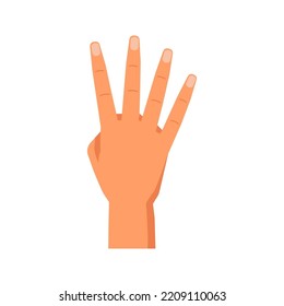 Number four, isolated hand gesture showing digits. Counting or enumerating, nonverbal communication and symbols. Fingers up front side. Vector in flat style