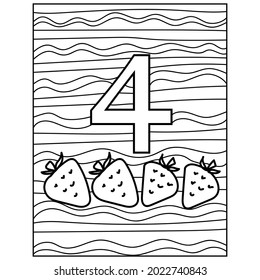 number four learning page coloring, fruit and volumetric figure with a striped background for kids activity vector illustration