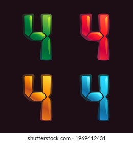 Number four logo in alarm clock style. Digital font in four color schemes for futuristic company identity, nightlife magazine, expressive posters.