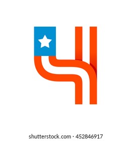 Number four logo with american stars and stripes. Vector design for banner, presentation, web page, card, labels or posters.